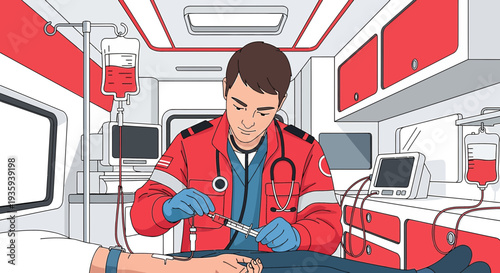 Paramedic Administers IV Drip to Patient Inside Ambulance