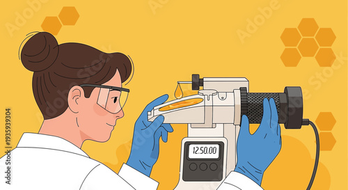 Scientist analyzing honey sample in laboratory with honeycomb background