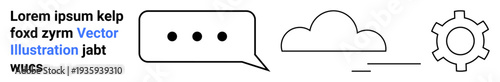 Speech bubble with text, cloud icon, and gear outline symbolizing communication, storage, and technical processes. Ideal for technology, cloud computing, automation, collaboration data sharing IT