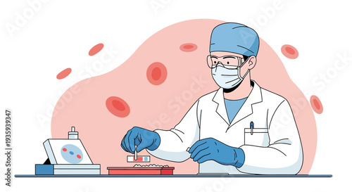 Scientist in Lab Coat and Mask Analyzing Blood Samples with Medical Equipment