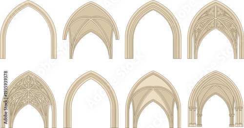 "Collection of eight Gothic architectural arch and vault illustrations featuring pointed arches, ribbed vaults, ornate tracery, decorative motifs, and medieval cathedral design elements"