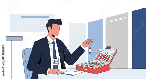 Scientist in Suit Holds Syringe Over Open Medical Kit with Vials, Lab Research Concept