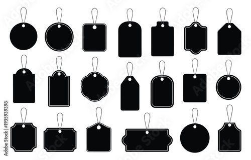 Collection of blank black price tags with different shapes and hanging strings