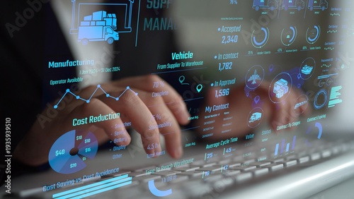 Foto Supply chain management interface showing delivery routes, warehouse efficiency, cost savings, vehicle tracking, procurement ROI, and contract stages