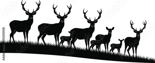 Black silhouette illustration of deer family standing on grassy hill, including antlered males, females, and fawns, symbolizing wildlife diversity and serene outdoor nature scene.