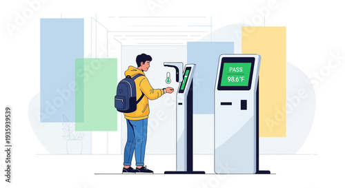 Student uses contactless temperature check kiosk for entry, health screening
