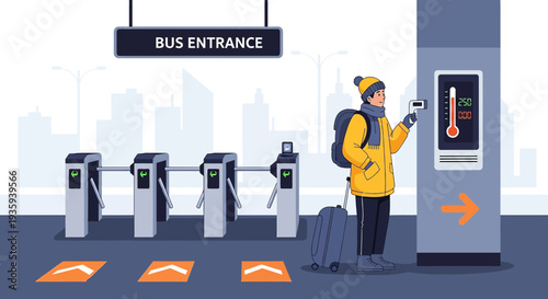 Traveler with luggage passing through bus entrance turnstile with temperature check