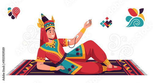 Traditional Dancer Relaxing with Modern Gadget, Cultural Fusion Illustration