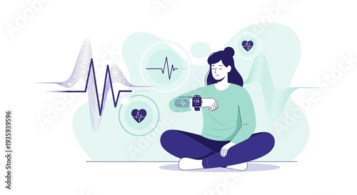 Woman checking smartwatch for heart rate and health data, with medical icons and ECG graph.