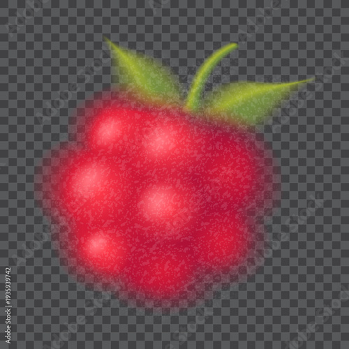 Gradient blurred raspberry template. Vector illustration of vibrant raspberry with blurred, transparent edges and grainy textures isolated on checkered background. Symbol of summer berry.
