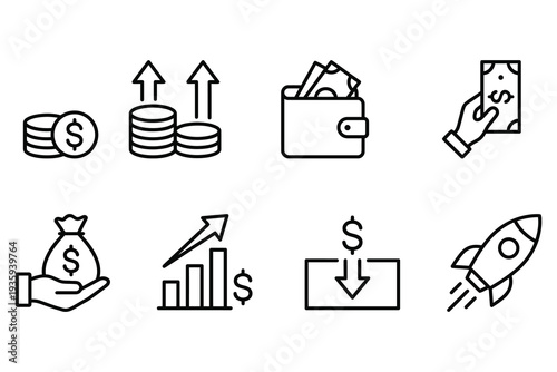Set of line icons for finance and investment. Illustrates money growth, savings, wallet, transaction, and business growth with rocket.