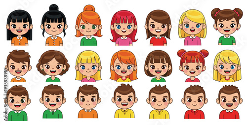 Cartoon‑style grid of diverse smiling children with expressive eyes, unique hairstyles, and colorful clothing, ideal for educational materials, avatars, diversity themes, and classroom design.