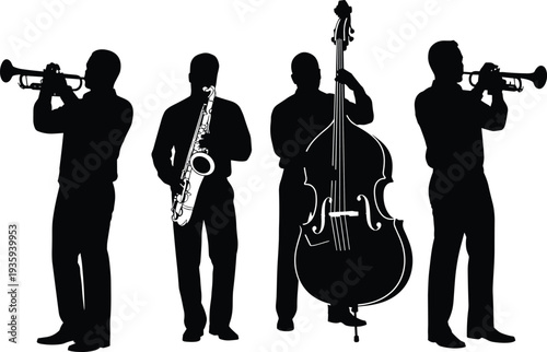 Musician Silhouette Illustration Vector Featuring Jazz Ensemble with Trumpets, Saxophone, Double Bass, Musical Performance Icon, and Marketplace Success for Creative Projects