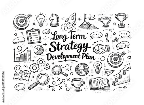 Long term strategy development plan, hand drawn doodle elements set, center hand-lettered title, black & white vector line art,