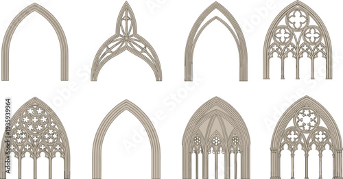 Black-and-white vector silhouette illustration of eight Gothic-style windows with pointed arches, ornate 