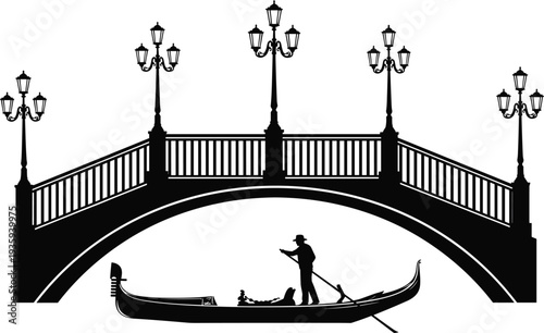 Venetian Gondola Silhouette Illustration Vector Featuring Arched Bridge, Gondolier with Passenger, Romantic Italy Icon, and Marketplace Success for Creative Projects