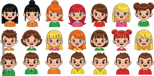Cartoon‑style grid of diverse smiling children with expressive eyes, unique hairstyles, and colorful clothing, ideal for educational materials, avatars, diversity themes, and classroom design.