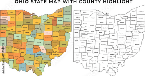 Ohio state map with county highlight and outline geographic illustration