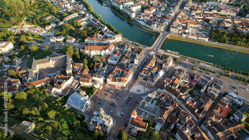 Aerial panoramic view above the old town around the city  Château-Thierry in France on a sunny summer day. 