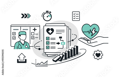 Modern minimal flat vector conceptual collage, crisp hard edges, consistent THIN outline stroke, rounded corners where needed,