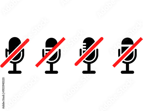 Four black microphone icons with red diagonal lines indicating mute or off status on a white background.