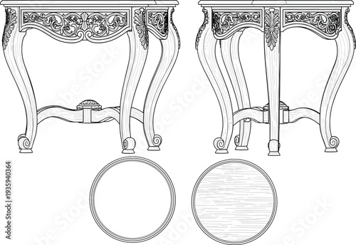 Detailed line drawings of ornate wooden tables with carved aprons, curved legs, and floral motifs, including circular top views showing plain and wood grain textures.