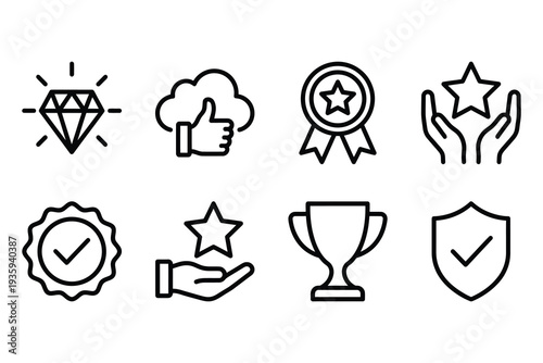 Set of line icons representing quality, success, and achievements. Includes diamond, thumbs up, medal, trophy, and star icons.