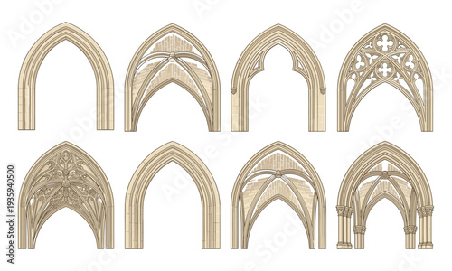 "Collection of eight Gothic architectural arch and vault illustrations featuring pointed arches, ribbed vaults, ornate tracery, decorative motifs, column supports, and medieval cathedral elements"