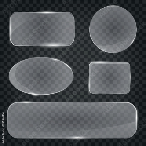 Set of translucent glass shapes and glowing neon frames, modern glassmorphism design for UI elements, web buttons, app icons, and technology interface graphics