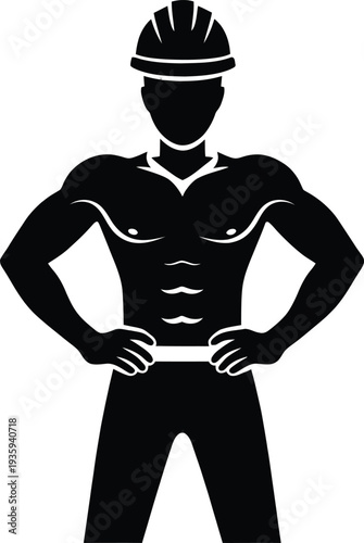 Vector illustration of muscular man wearing hard hat