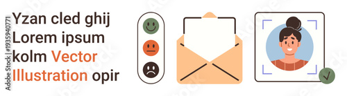 User feedback, ID verification, online communication, digital identity, technology, customer experience. happy face options, envelope woman in verification frame. User feedback and ID verification