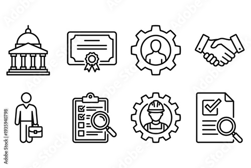 Business and Legal Icons: Government Building, Certificate, Handshake, and Checklist