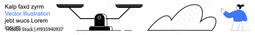Decision making, balance, technology, individuality, visual identity, minimalism. Image presents scales, a cloud shape and a person. Decision making and balance creatively