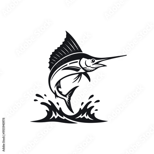 Leaping Atlantic Sailfish Silhouette Vector - Billfish Sport Fishing Icon - Marine Wildlife Water Splash Graphic