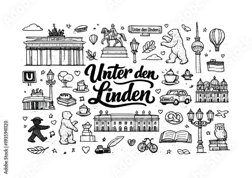 Unter den Linden illustration, hand drawn doodle elements set, center hand-lettered title, black & white vector line art, bold