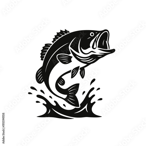 Largemouth Bass Fishing Silhouette Vector - Leaping Game Fish Water Splash Sport Fishing Graphic