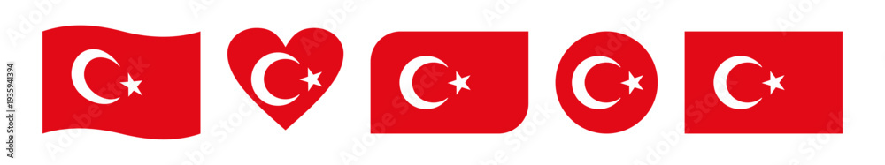 Obraz premium Set of five creative Turkey flag vector designs featuring wavy, circular, heart-shaped, rounded-corner, and rectangular styles, symbolizing national pride and patriotic celebration