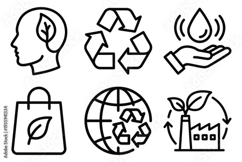 Sustainability and Eco-Conscious Icons: Recycling, Water Drop, and Green Industry