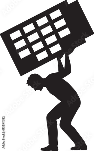Silhouette man carrying office building structure symbolizing burden of work and corporate responsibility