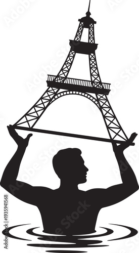 Silhouette man holding Eiffel tower over water representing Paris landmark and French culture