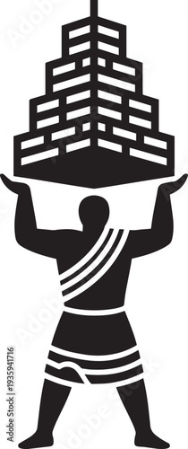 Strong male figure lifting large architectural building representing construction and power