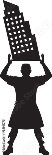 Strong person in kilt holding modern office building silhouette symbol of scottish power