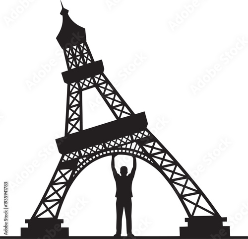 Strong man silhouette holding eiffel tower in hands representing travel success and power