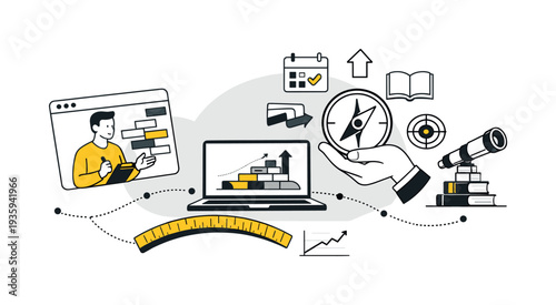 Modern minimal flat vector conceptual collage, crisp hard edges, consistent THIN outline stroke, rounded corners where needed,