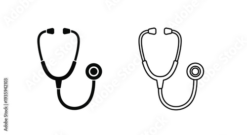 Medical Stethoscope Icon Vector Set: Solid Black and Outline Design for Healthcare, Clinic, and Doctor Websites, Apps, or Presentations