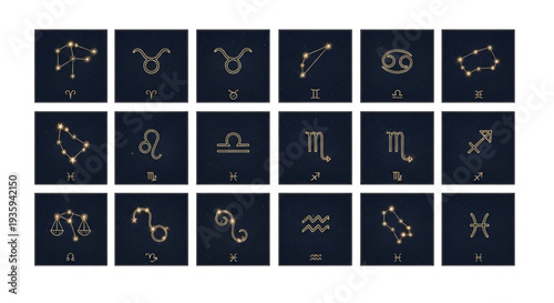 Collection of Zodiac Constellation Symbols and Astrology Signs.
