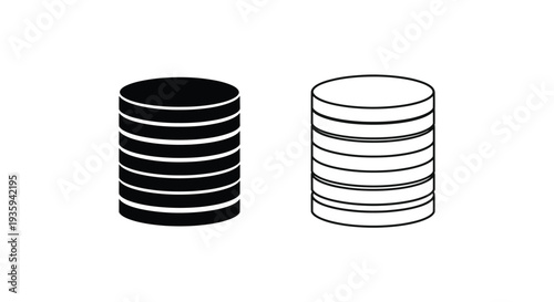 Minimalist Stacked Coins or Database Icon Set Vector in Solid Black and Outline Styles for Financial and Data Concepts