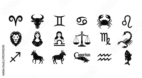 Collection of Zodiac Astrology Symbols and Icons.