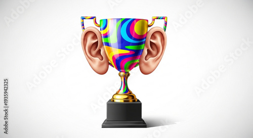 Vibrant trophy cup with human ears and colorful swirls on transparent background