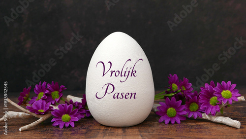 Canvastavla Paaswenskaart: Paasei met paarse bloemen en tekst.